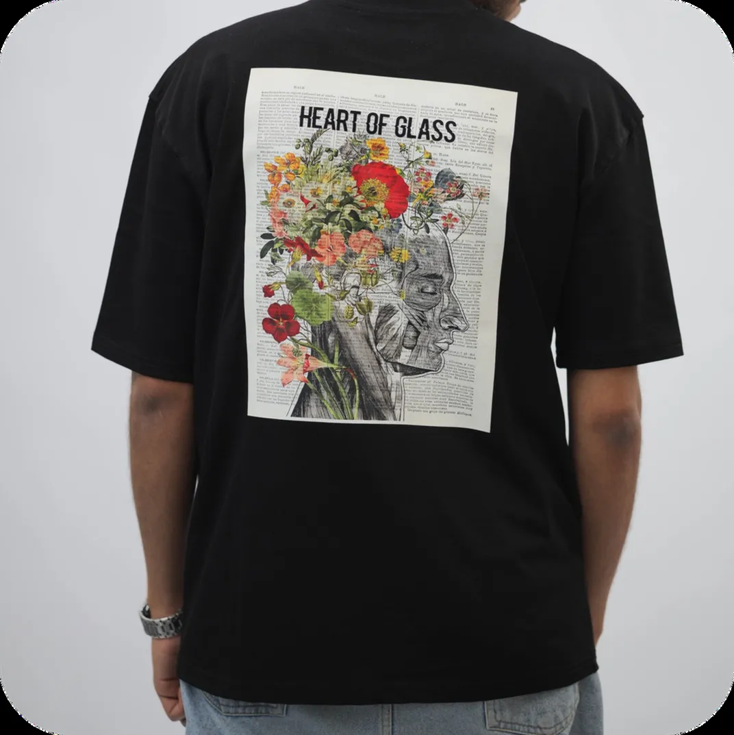 Black Athr Fashion t-shirt with a printed 'Heart of Glass' illustration on the back
