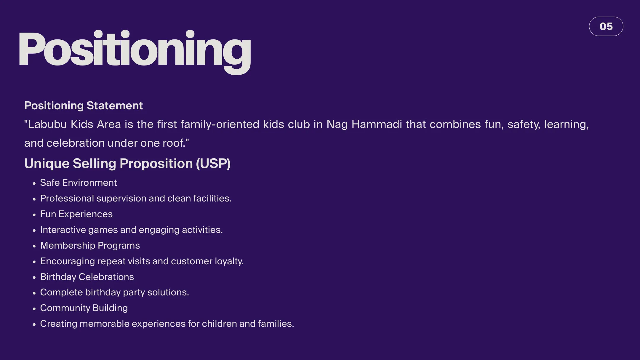 Positioning slide of the Labubu Kids Area plan